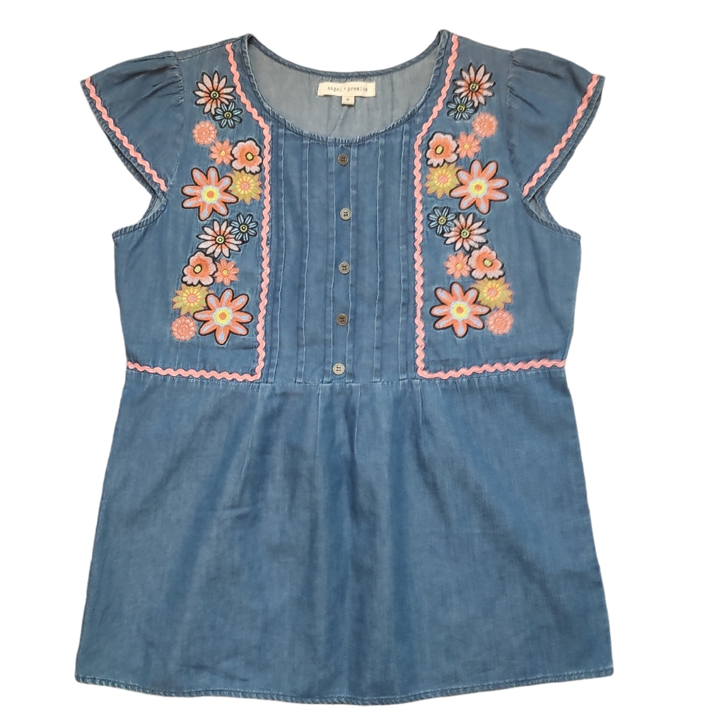 *Angel + Premium Chambray Embrodiered Y2K Theme Boho Flutter Sleeve Blouse Small